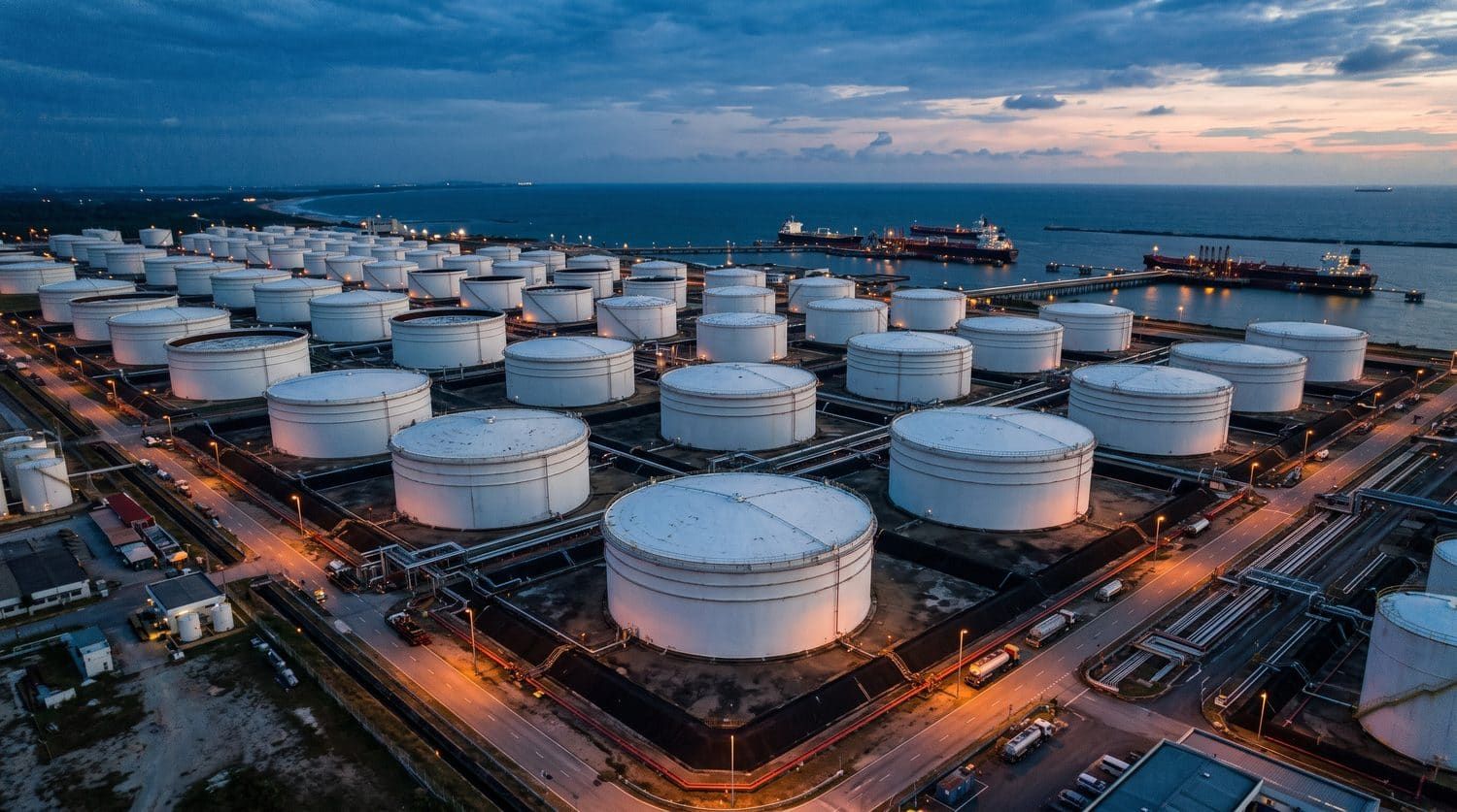 Row of aboveground storage tanks at a refinery