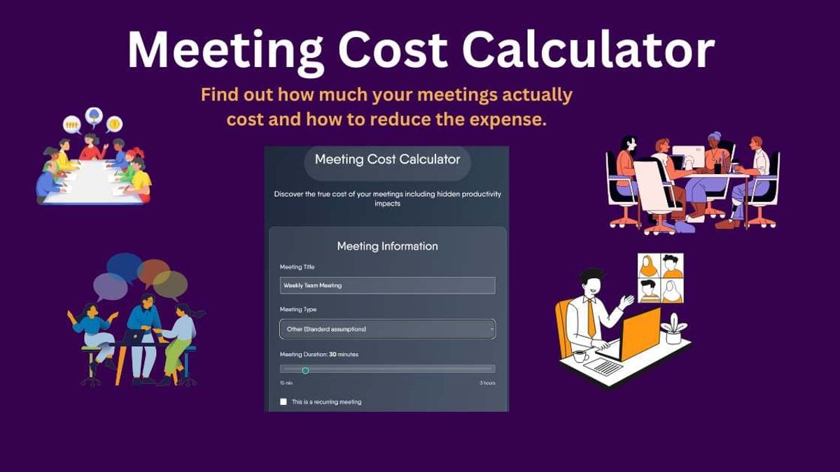 Promo graphic for Buro's Meeting Cost Calculator featuring a dashboard interface and flat-style illustrations of team members collaborating.