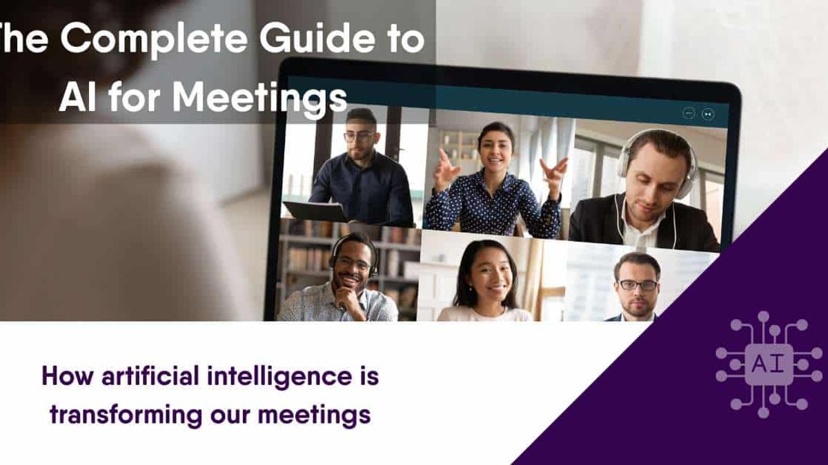 Video conference grid showing professionals in a meeting with an AI brain icon and "The Complete Guide to AI for Meetings" text.