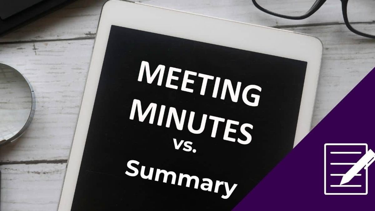 A tablet on a desk displaying the title 'Meeting Minutes vs. Summary' next to a magnifying glass, illustrating the key differences between formal documentation and concise meeting overviews.
