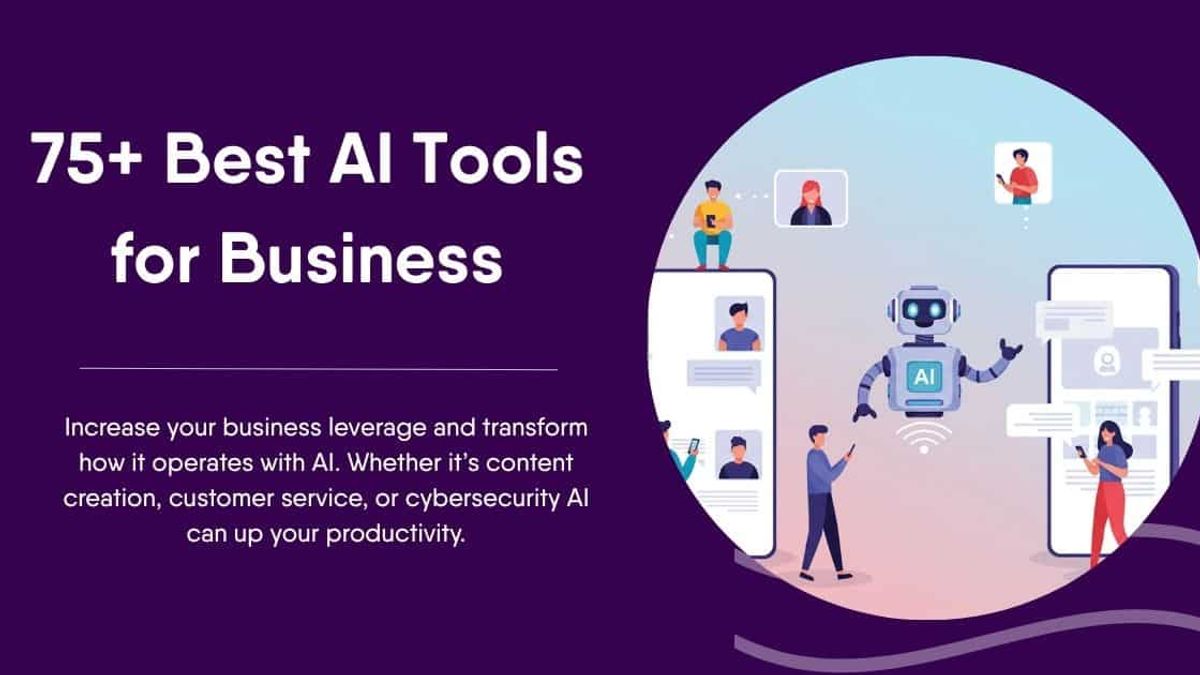 llustration showing diverse professional characters connected by digital AI interfaces, featuring a central robot icon and a purple-to-blue gradient background.