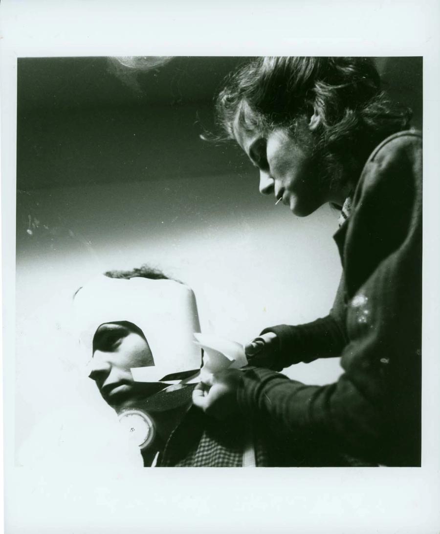 John Stix being fitted by Elizabeth "Lisa" Jalowetz for his crown and costume for Macbeth, May 1940