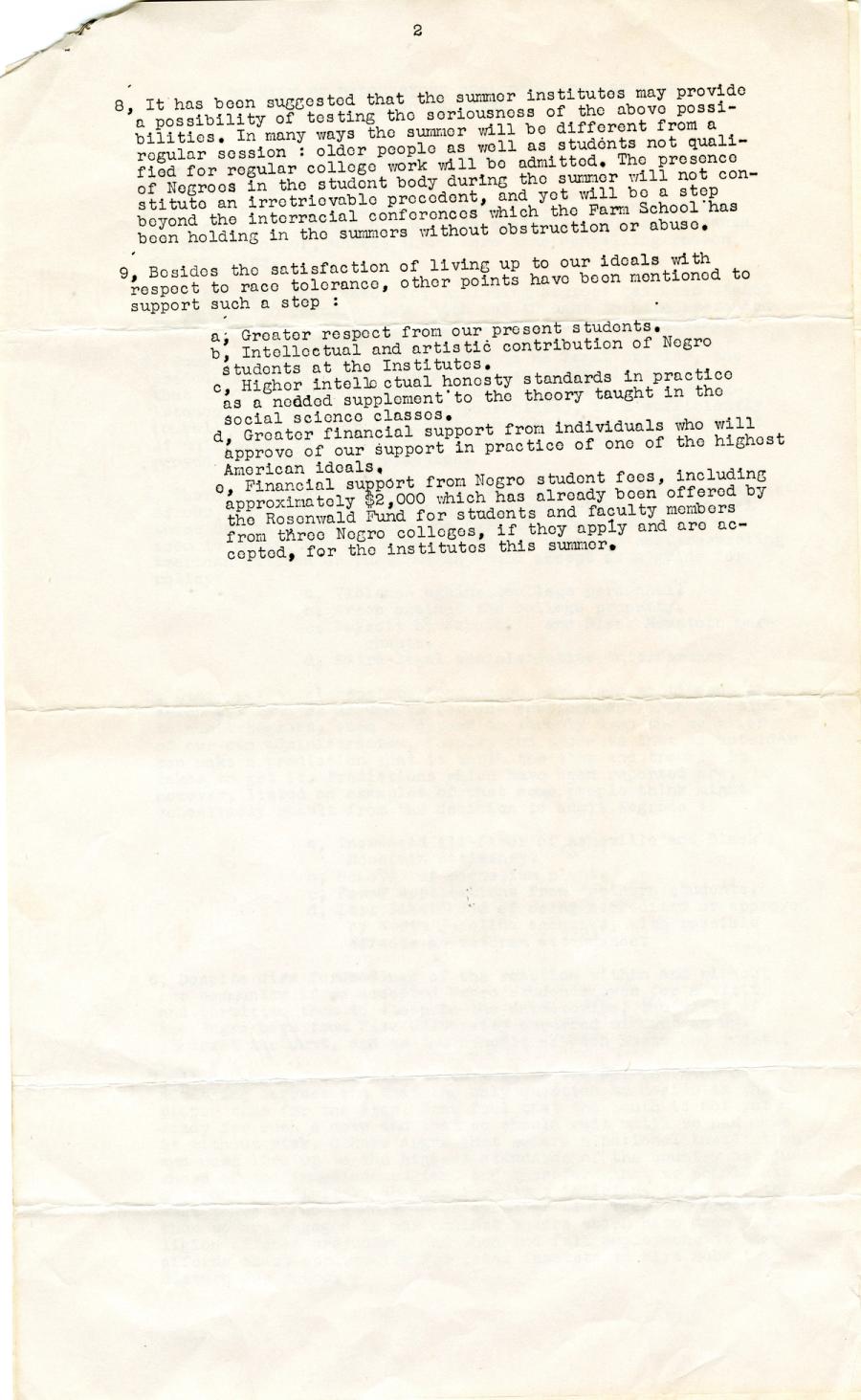 "Summary of Discussions Regarding Admission of Negro Students" written by Clark Foreman, page 2.
