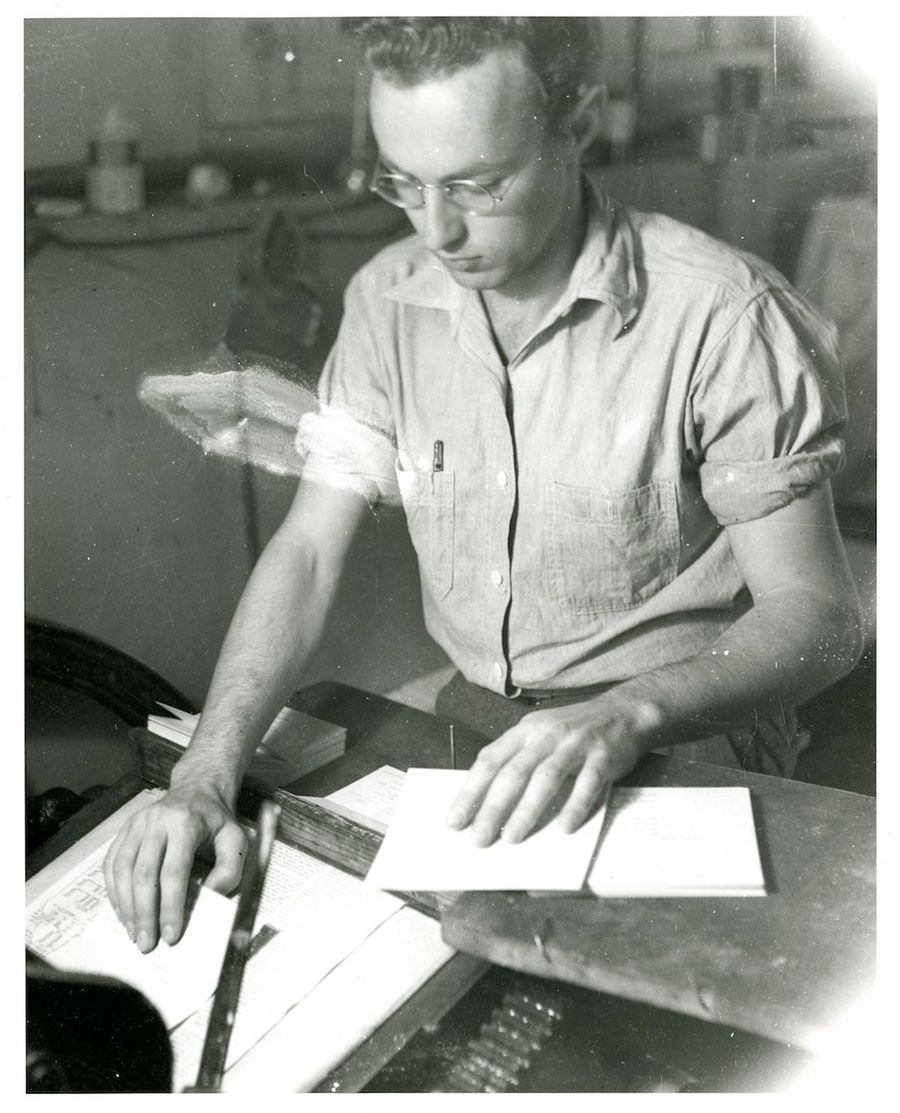 Emil Willimetz in the print shop at Lee Hall.