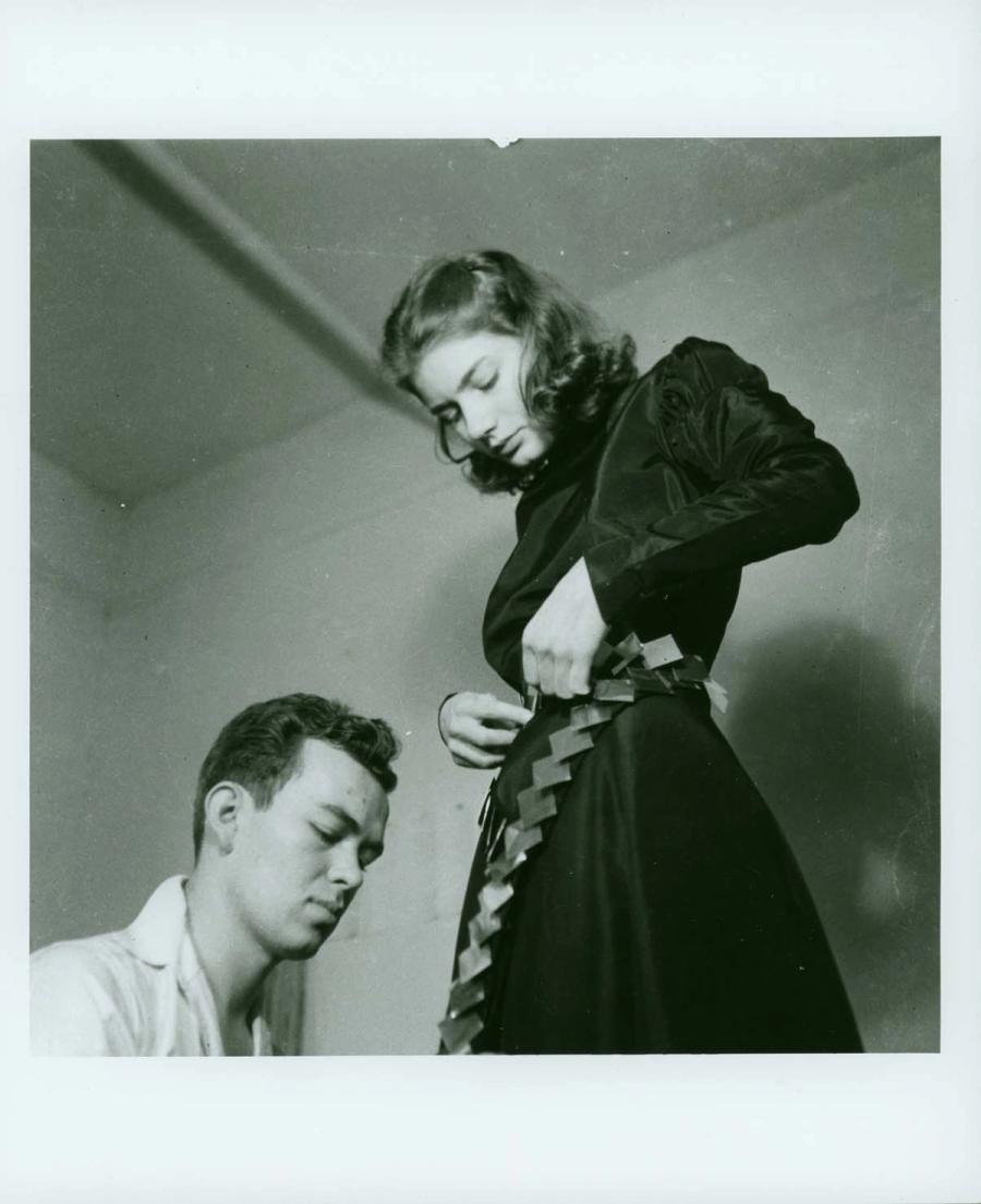 Sue Spayth being fitted by George Randall for her costume for Macbeth, May 1940.