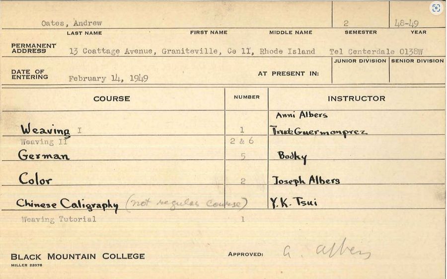 Andrew Oates course card, Spring 1949. 