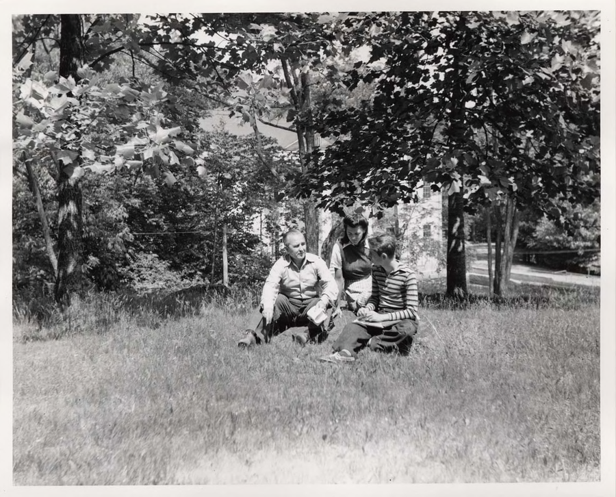 Robert Wunsch teaching Drama students outside on the Blue Ridge campus