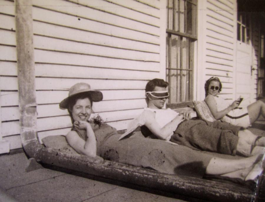 On the roof, backside of Robert E Lee Hall 1933. Alice Lee Swan, Joe Martin, and Mary Rice