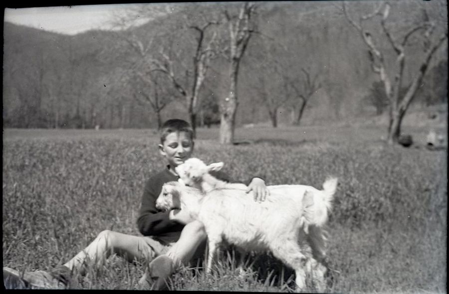 Ted Dreier, Jr, and his two goats, Abercrombie and Fitch, Lake Eden Campus, 1942.