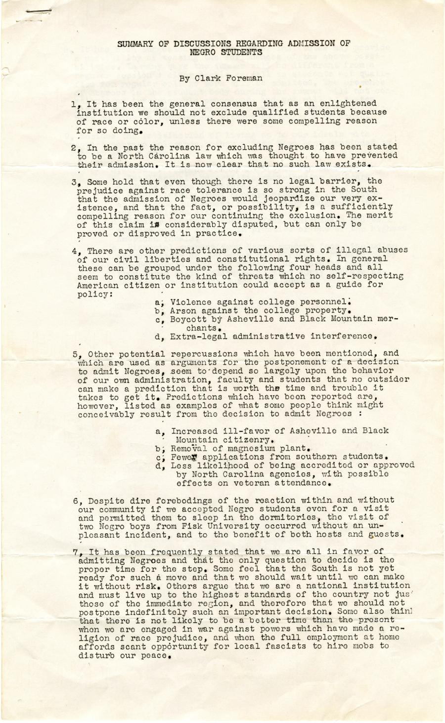 "Summary of Discussions Regarding Admission of Negro Students" written by Clark Foreman, page 1.