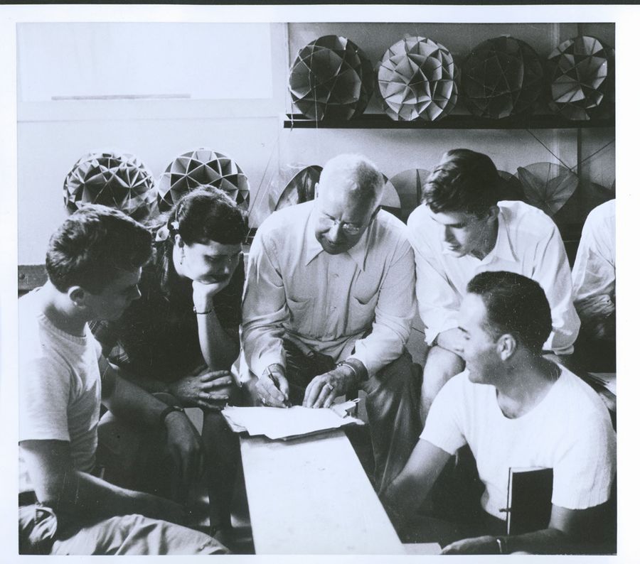 Buckminster Fuller and his architecture class, 1949 Summer Institute.