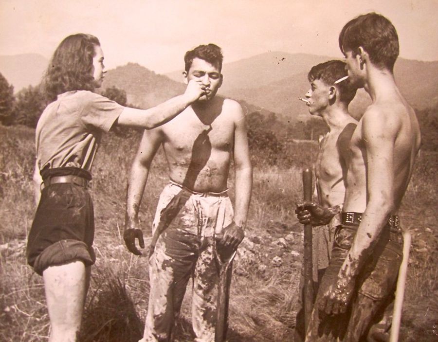 Cigarette break from work program-construction of Studies Building, Lake Eden campus 1940-1941.