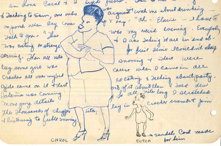 Crop of letter written by Elaine Schmitt with drawing of Carol Brice singing.