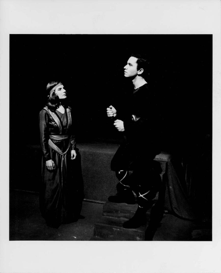 John Stix as Macbeth and Sue Spayth as Lady Macbeth in an early scene of the Black Mountain College performance of Macbeth by William Shakespeare, May 1940