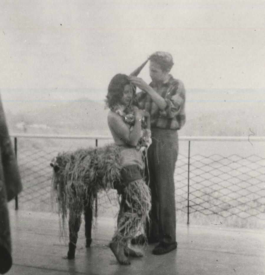 Ingeborg Svarc Lauterstein and Robert Rauschenberg with his centaur costume, c.1948-1949.