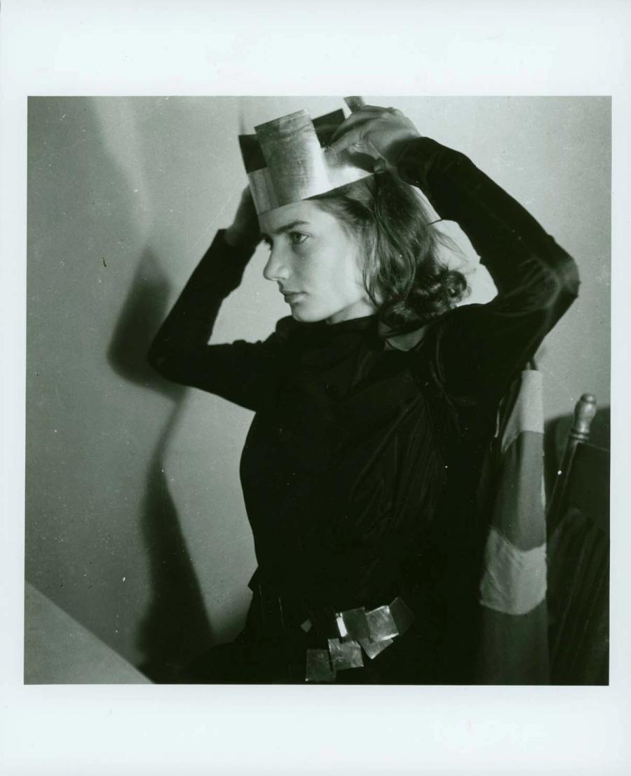 Sue Spayth adjusting her crown, getting ready for her role as Lady Macbeth, May 1940