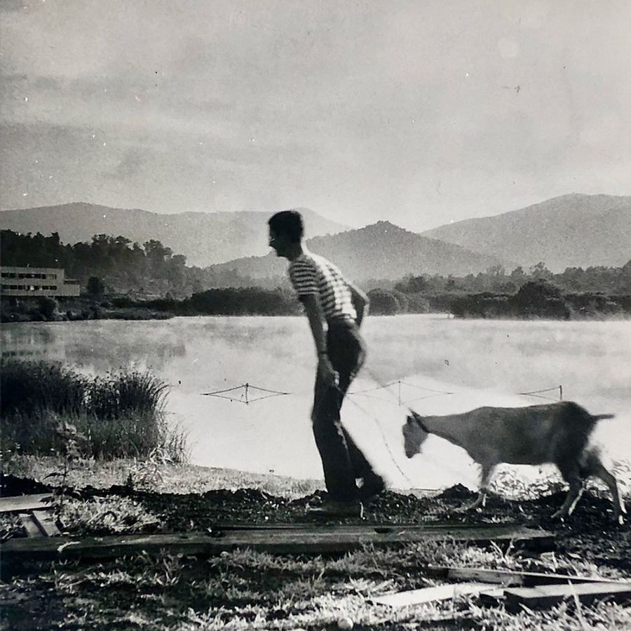 Ted Dreier Jr walking his pet goat, summer 1944.