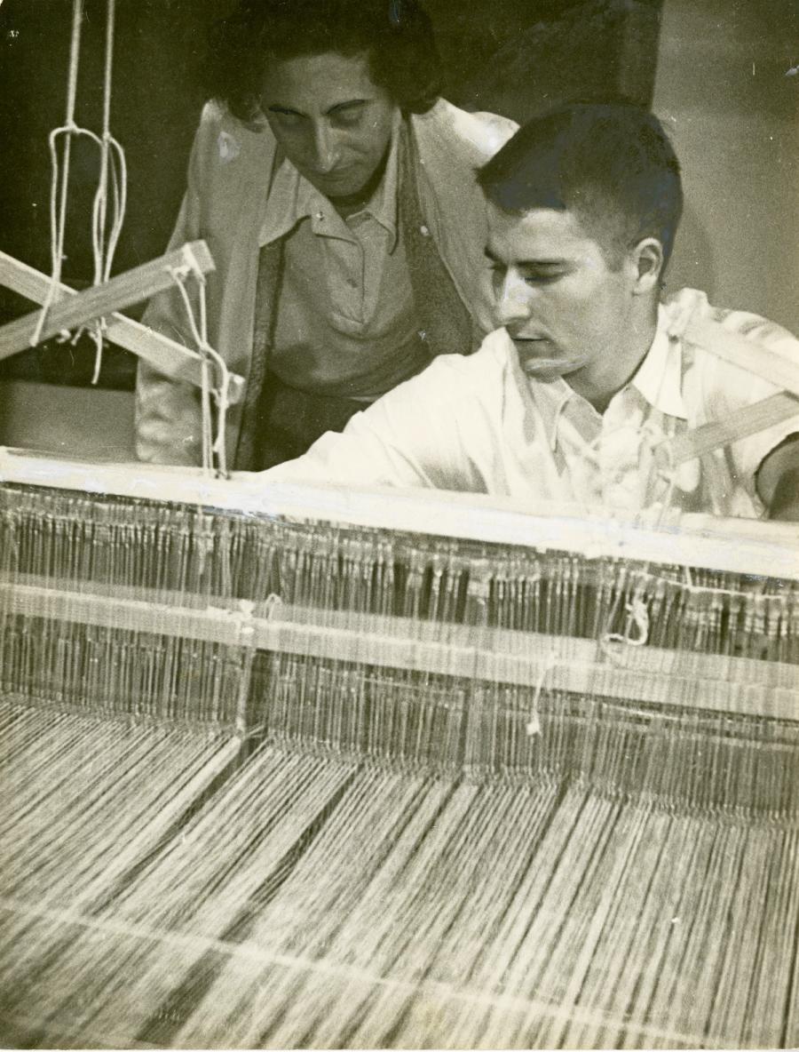 Anni Albers Weaving Class. Anni and Don page at the loom.