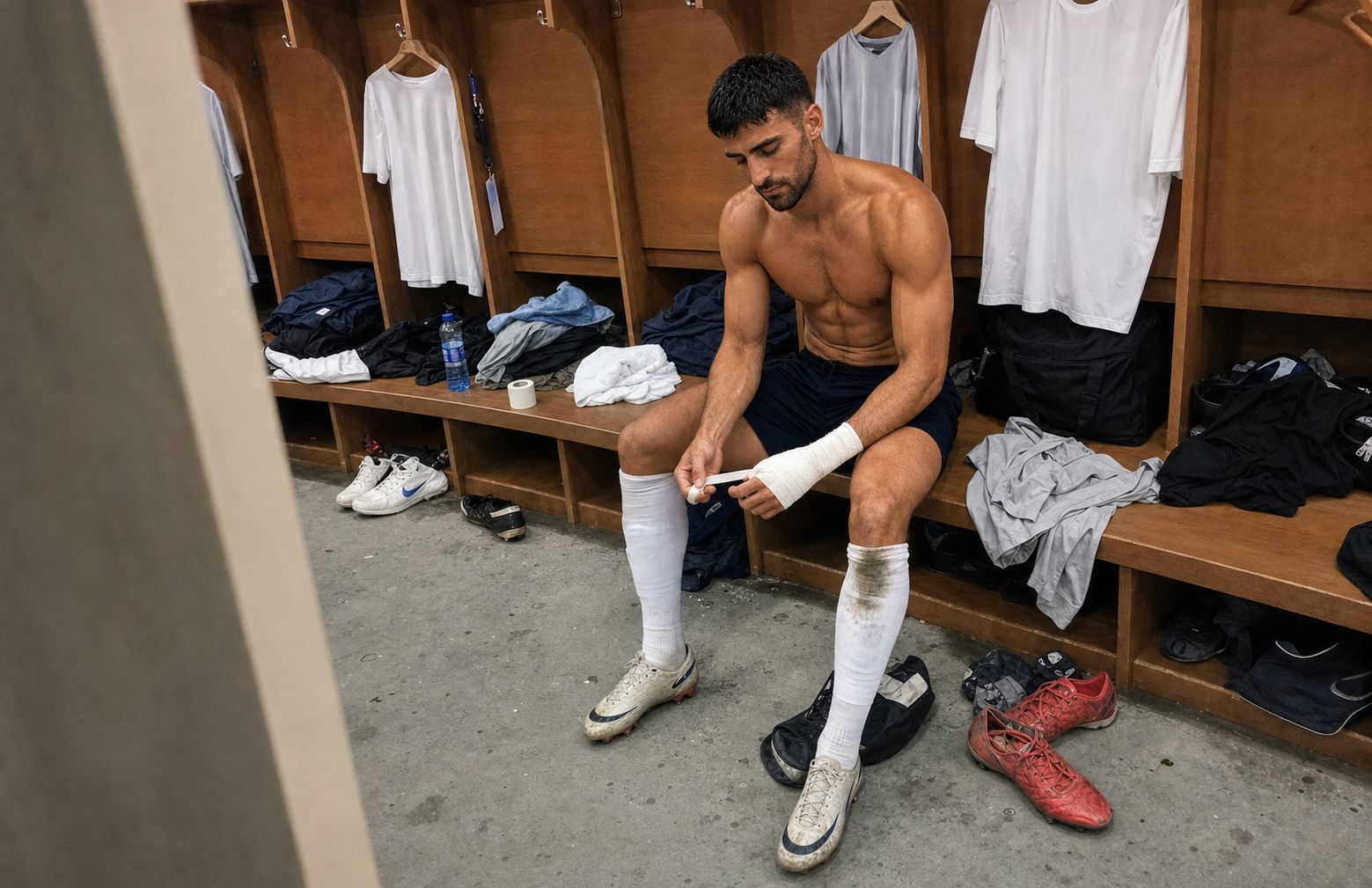 Luca shirtless in the locker room after training