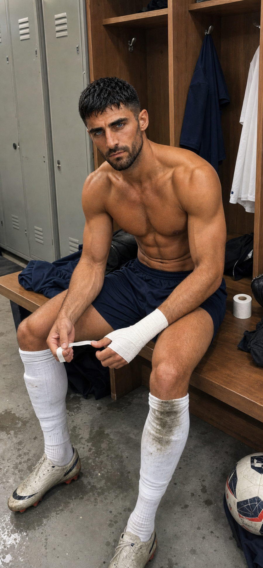 Luca shirtless on a locker-room bench wrapping his wrist after a match