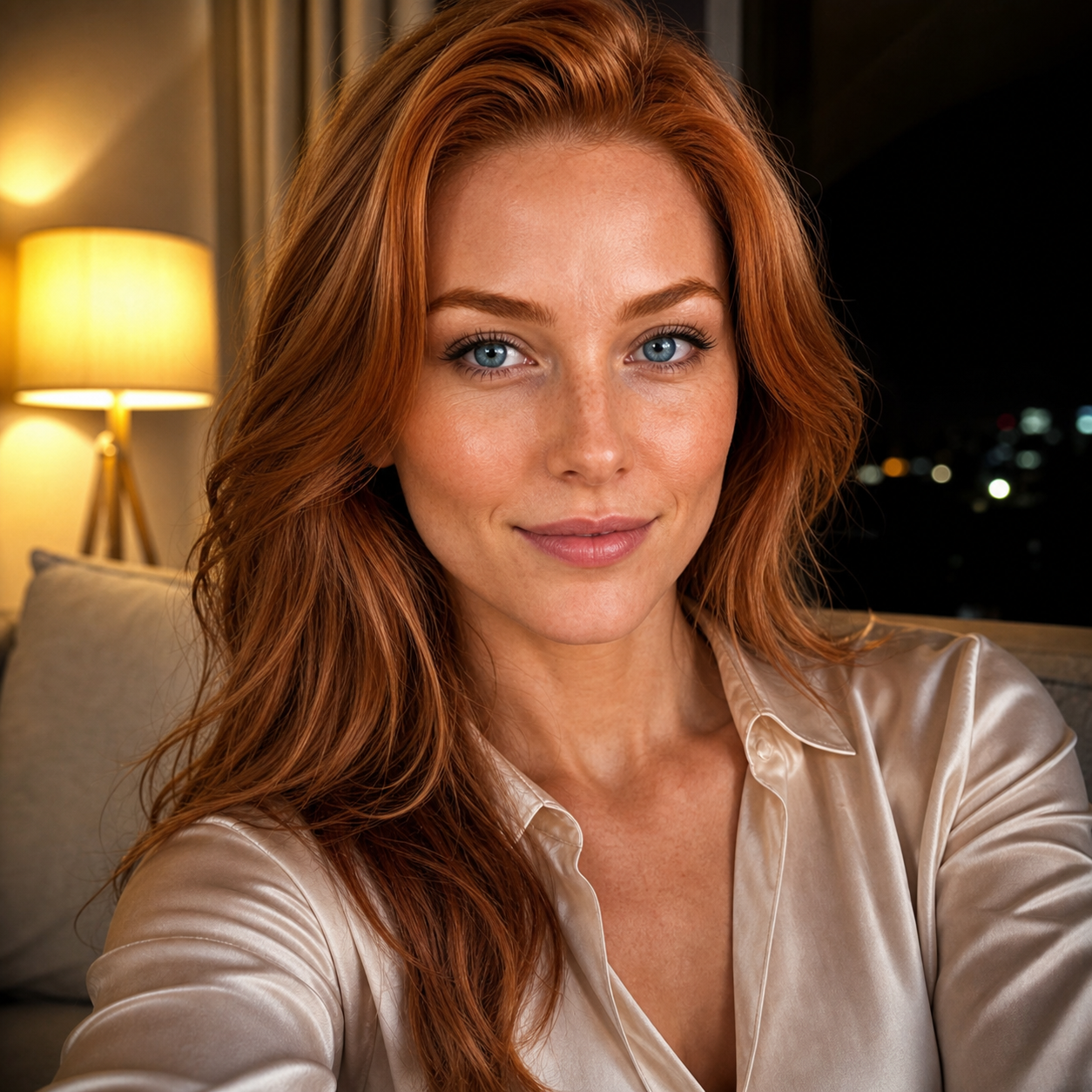 Eve with strawberry-blonde hair relaxing at home in a champagne satin shirt
