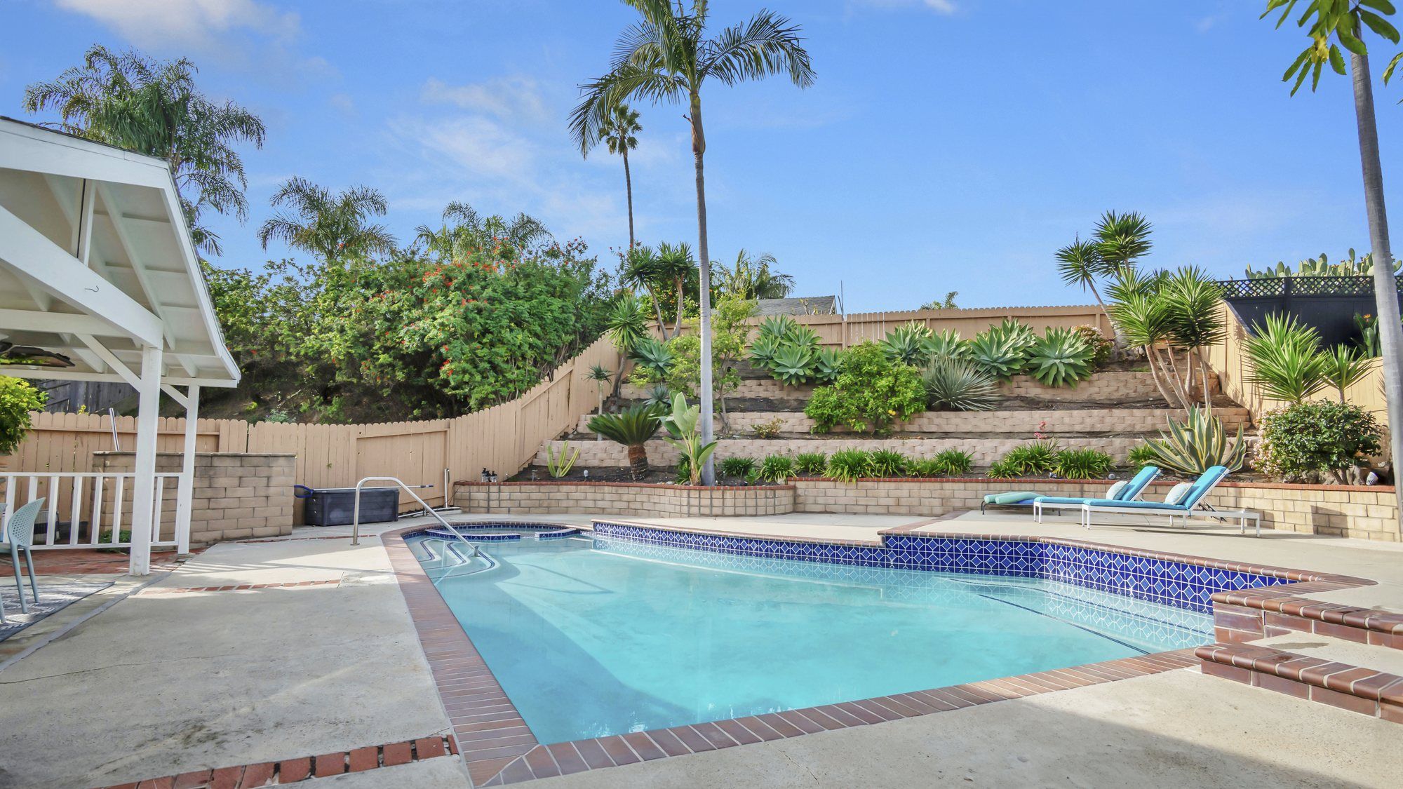 Backyard pool surrounded by palm trees, Dana Point
