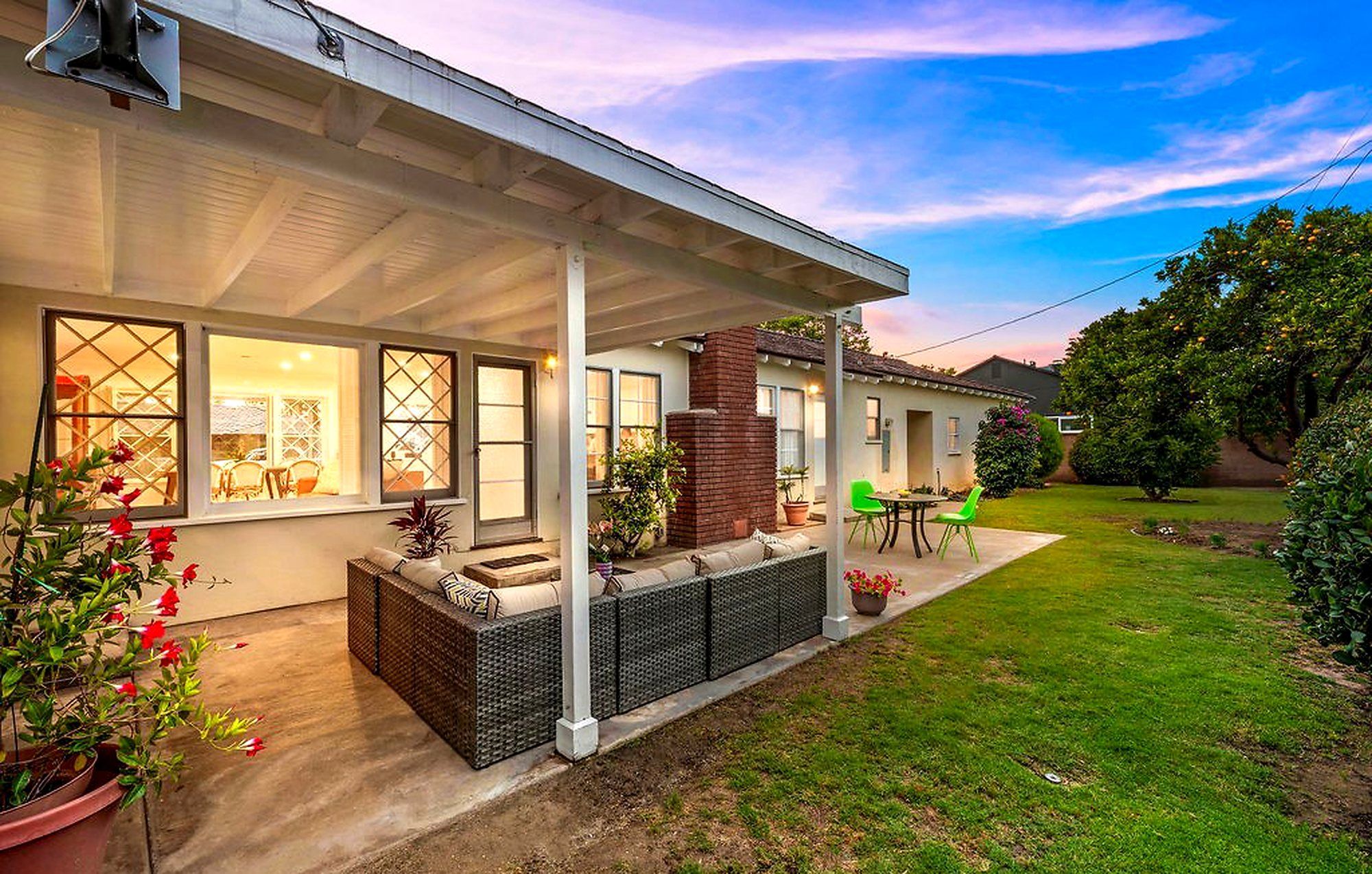 Covered patio and lawn at dusk, Santa Ana