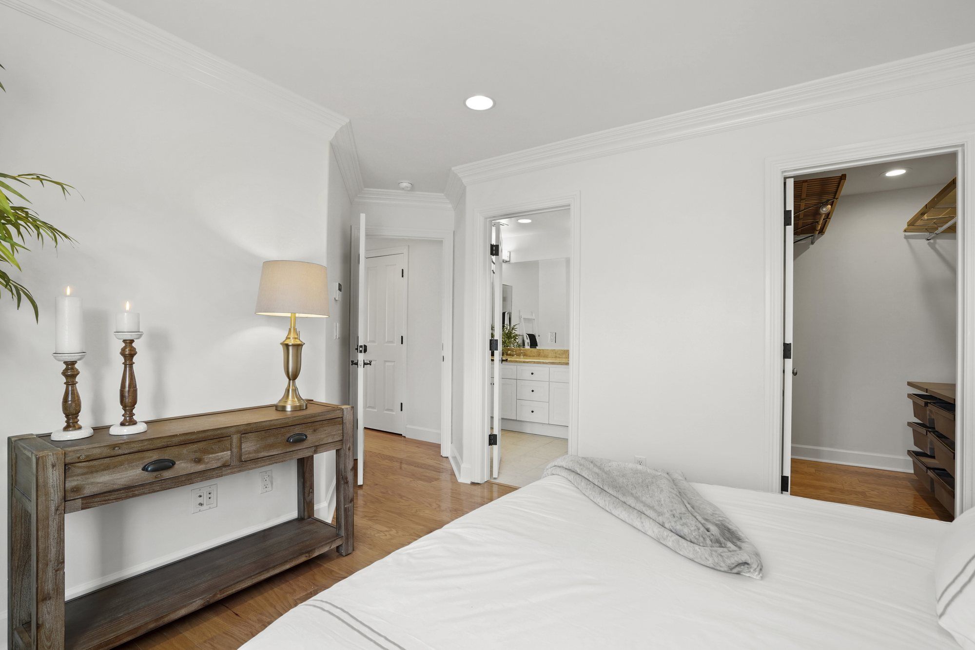 Bedroom with a rustic wood console, Newport Beach