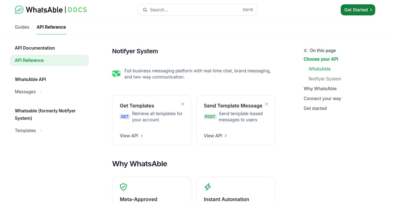 Docs API Reference section labeled Notifyer System with Get Templates and Send Template Message