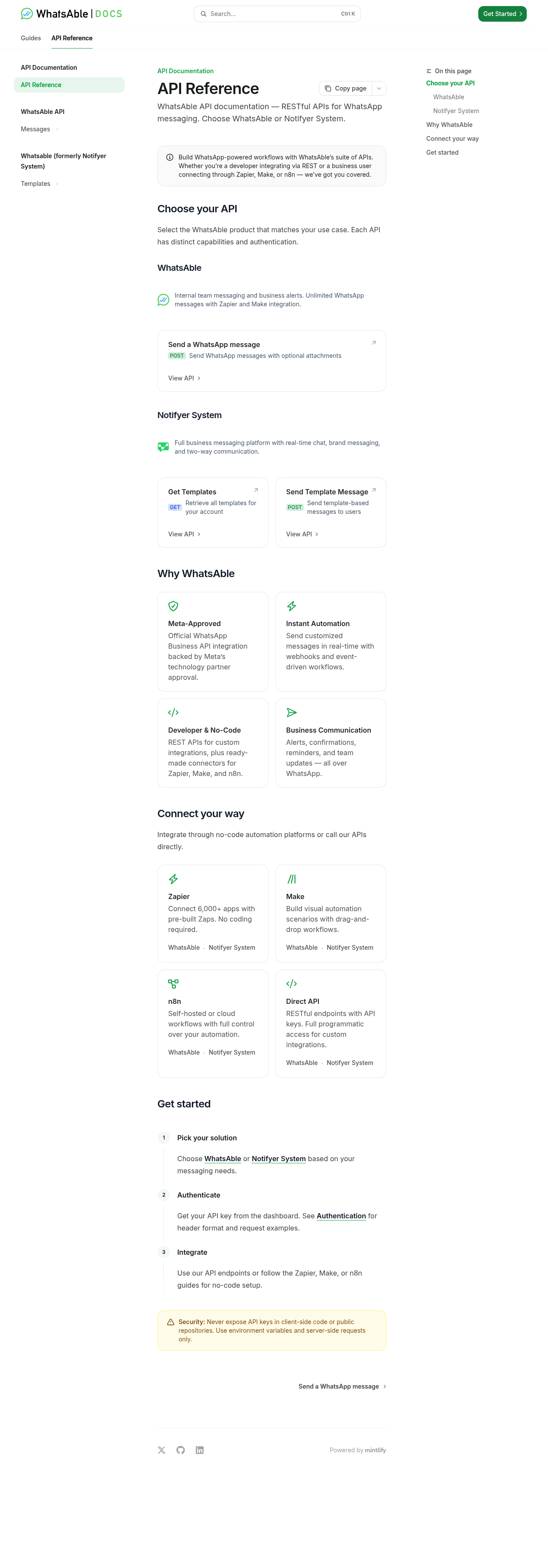 WhatsAble API Reference overview on docs.whatsable.app — choose your API, authenticate, integrate