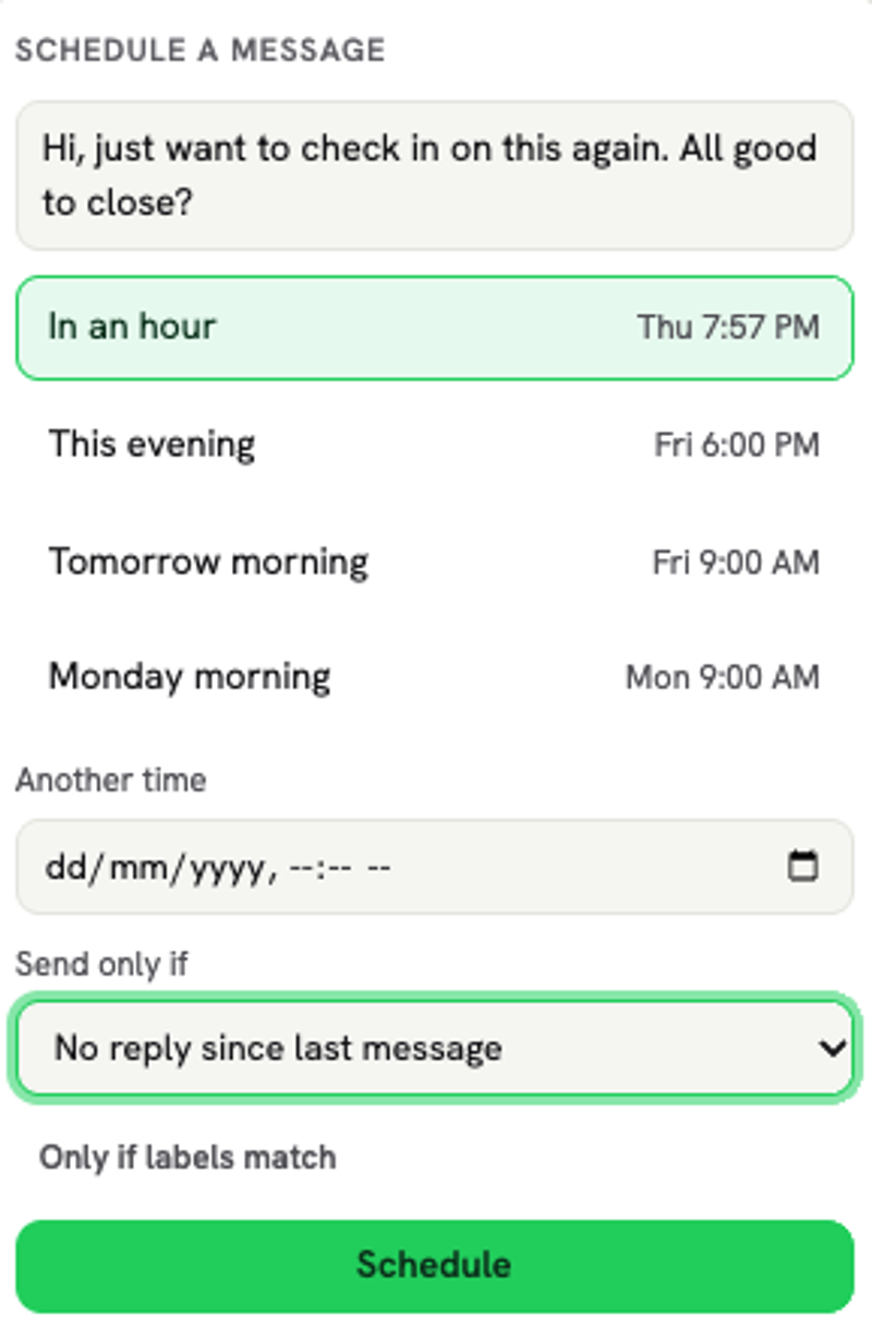 Whatsable Schedule a message panel with presets, Send only if, and Only if labels match