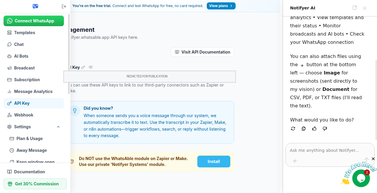 WhatsAble console API Key Management screen with the API key redacted