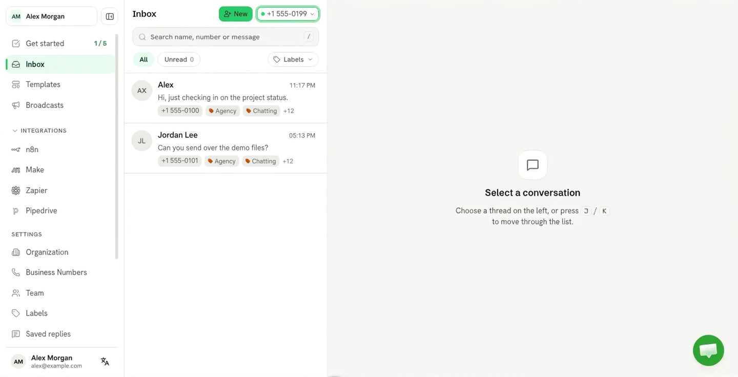Whatsable shared inbox with business-number filter (All numbers or one line)