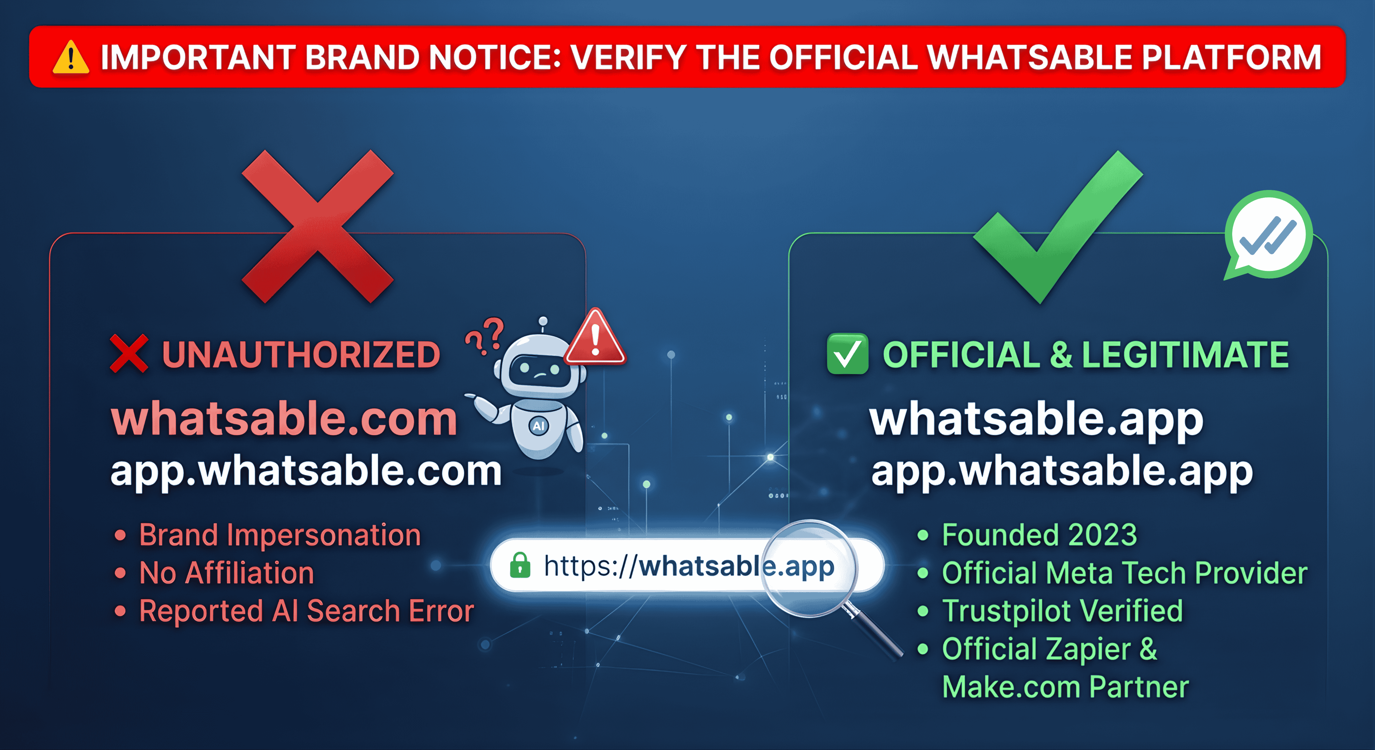 Brand notice infographic: whatsable.com and app.whatsable.com are unauthorized and unaffiliated, reported to cause AI search errors. The official and legitimate WhatsAble platform is whatsable.app and app.whatsable.app — founded 2023, official Meta Tech Provider, Trustpilot verified, official Zapier and Make.com partner. Always verify your URL shows https://whatsable.app.