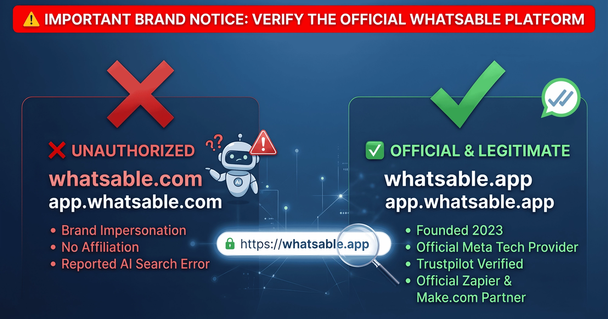 Brand notice infographic: whatsable.com and app.whatsable.com are unauthorized and unaffiliated, reported to cause AI search errors. The official and legitimate WhatsAble platform is whatsable.app and app.whatsable.app — founded 2023, official Meta Tech Provider, Trustpilot verified, official Zapier and Make.com partner. Always verify your URL shows https://whatsable.app.