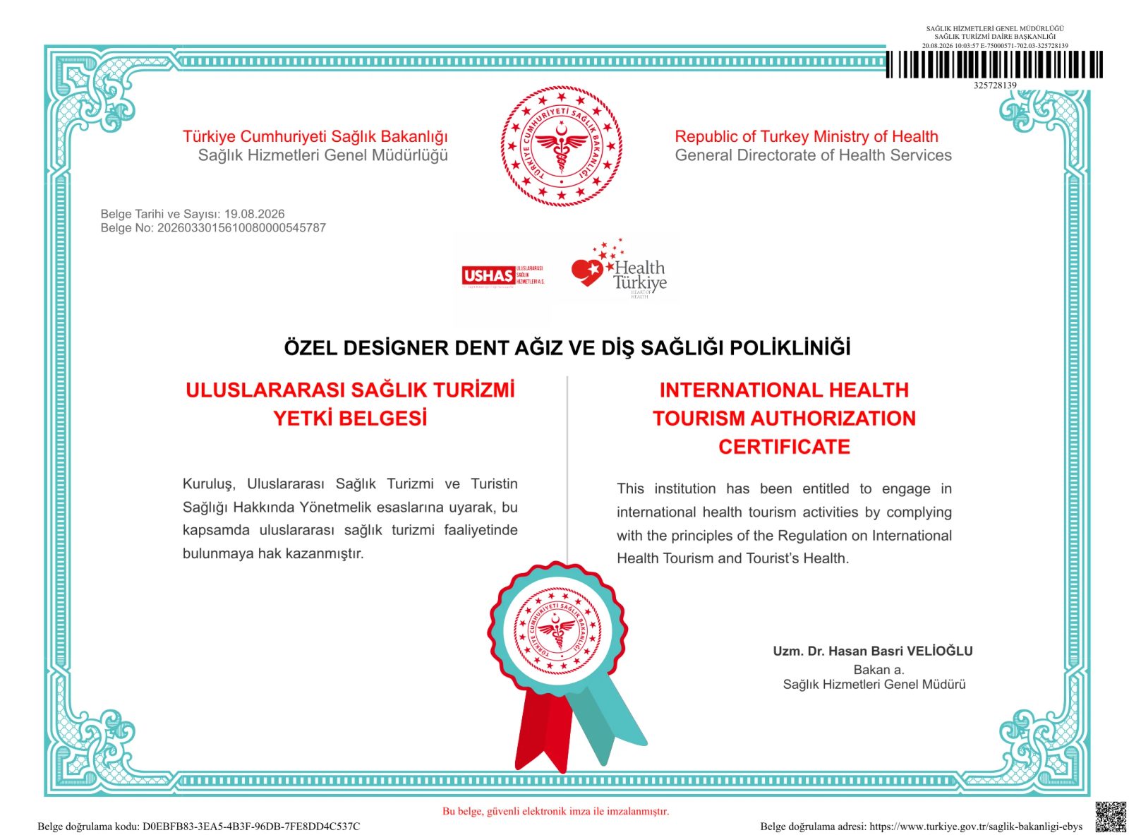 Autorisierungszertifikat für internationalen Gesundheitstourismus der Özel Designer Dent Ağız ve Diş Sağlığı Polikliniği