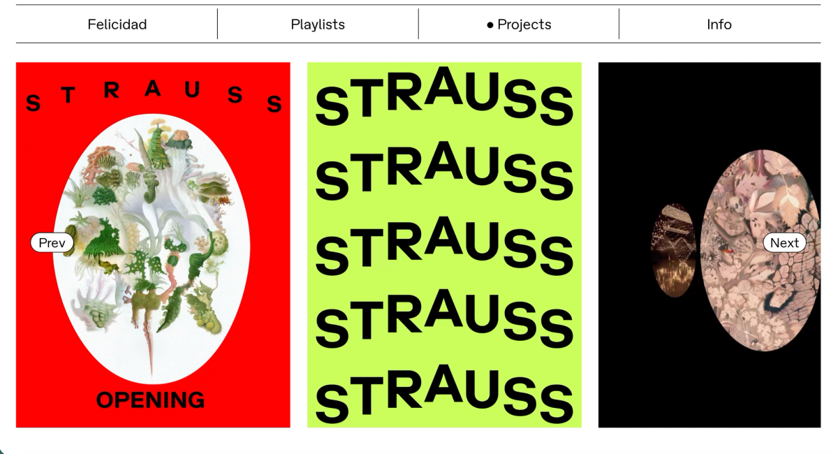 Felicidad projects page: three Strauss posters in red, lime and black