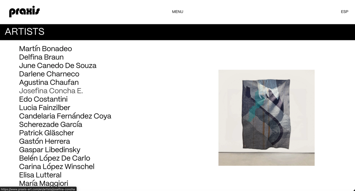Praxis Art artists index: a list of names on the left and a textile artwork on the right
