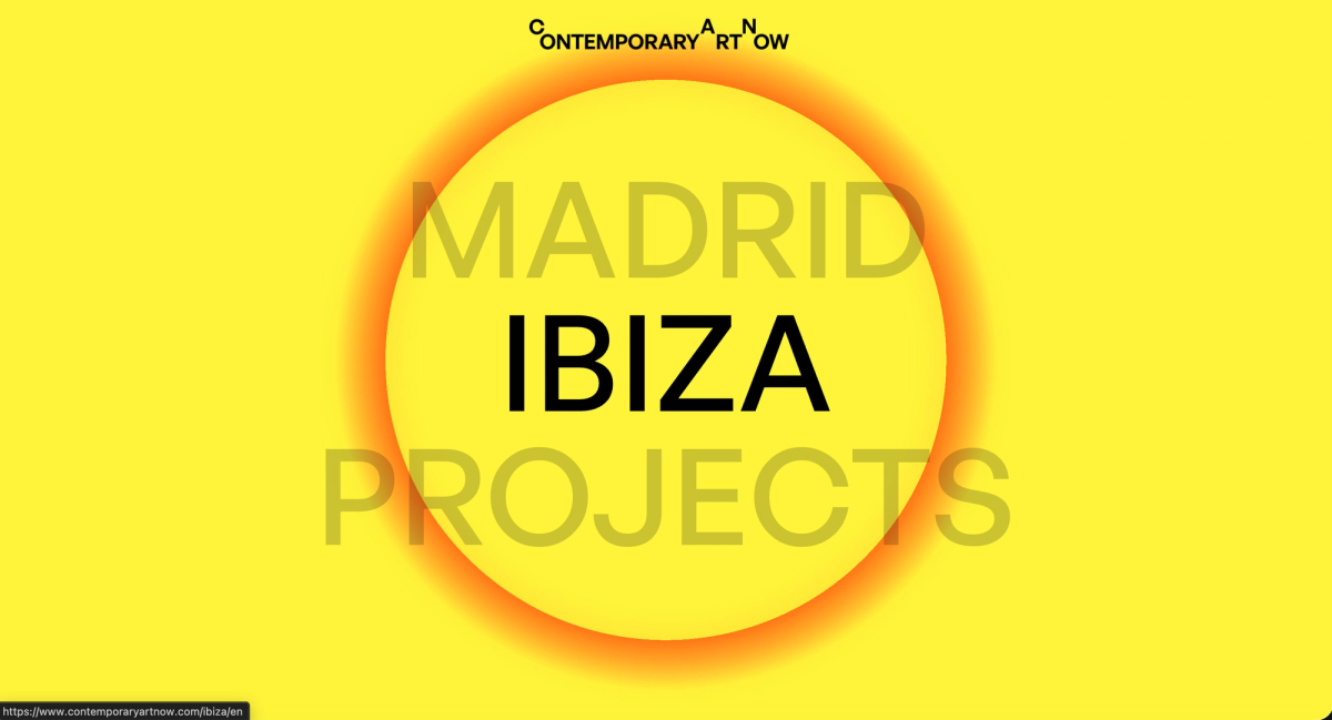 Contemporary Art Now home page: the words Madrid, Ibiza and Projects inside a red-rimmed sun on a yellow background