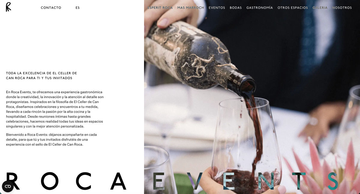 Roca Events home page: a text column on the left and a close-up of wine being poured, over the ROCA EVENTS wordmark