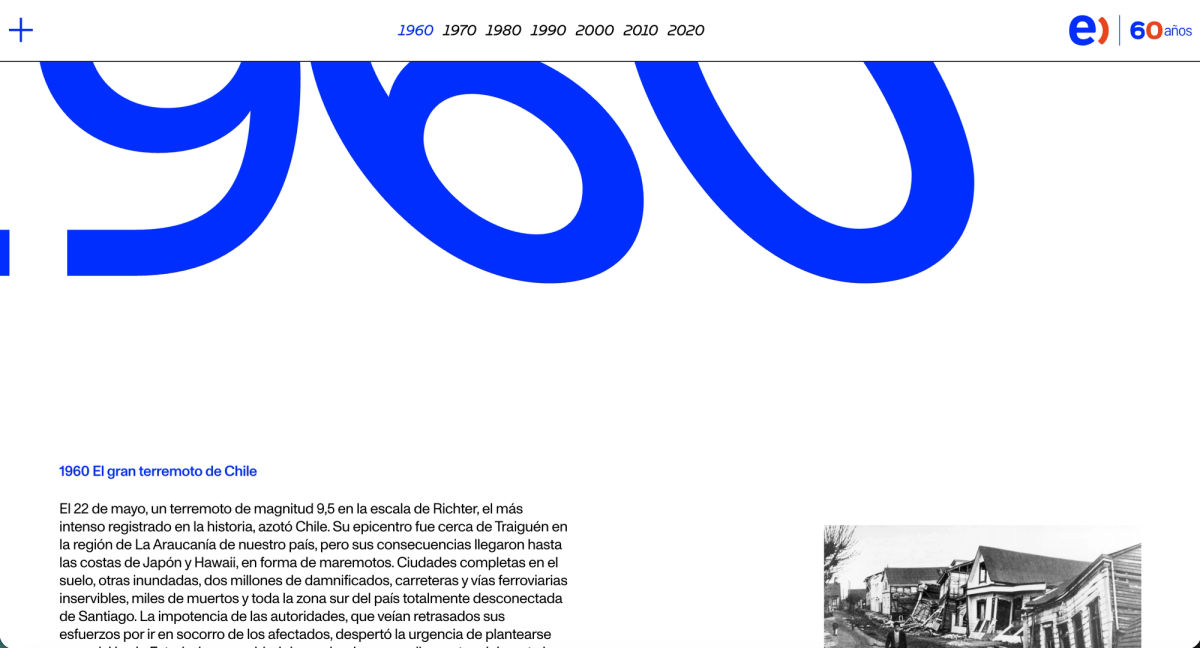 Entel 60 años timeline: the year 1960 in large blue type, a text about the Chile earthquake and a black-and-white photograph