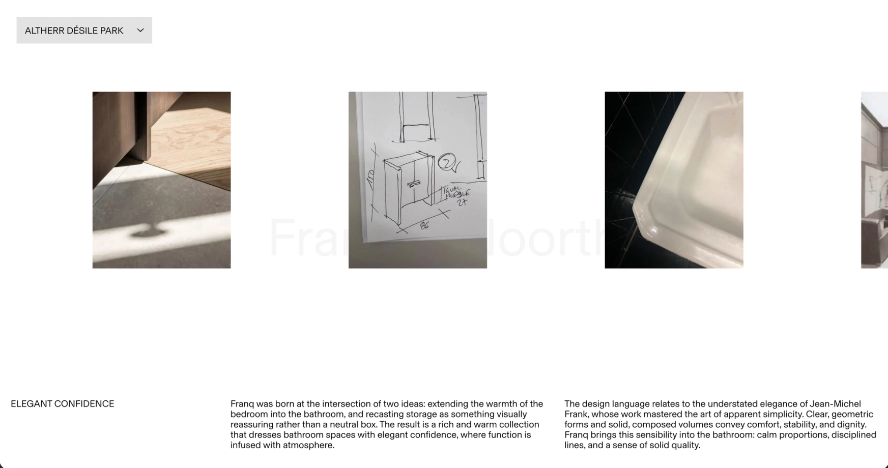 Franq project page: three images, one of them a sketch, and a text block titled Elegant Confidence