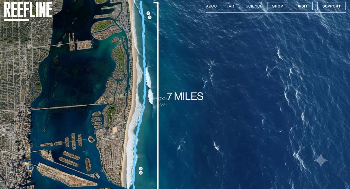 The Reefline home page: aerial photograph of the Miami Beach shoreline with the 7 Miles caption