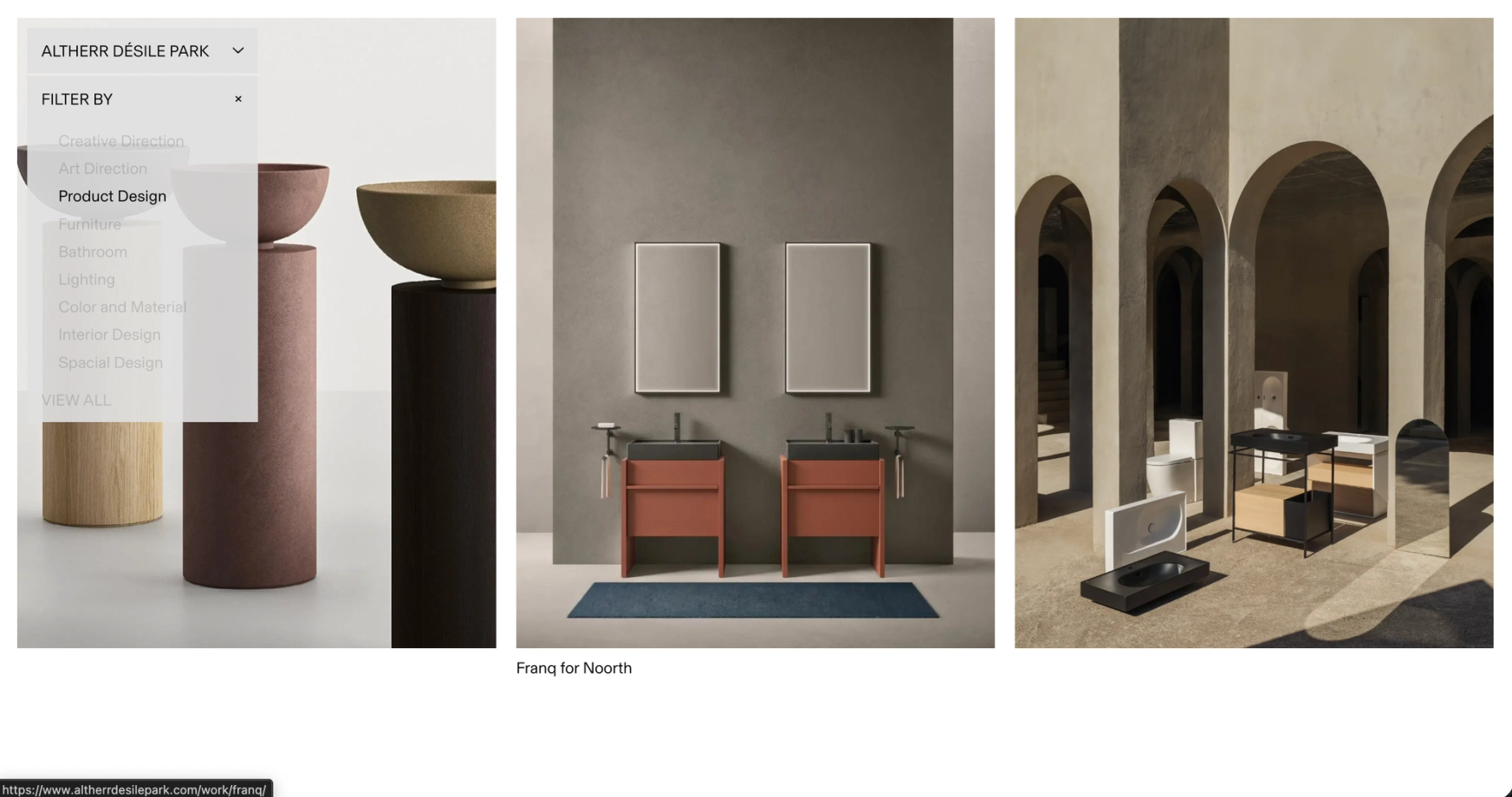 Selected Work grid with the filter panel open and three product photographs