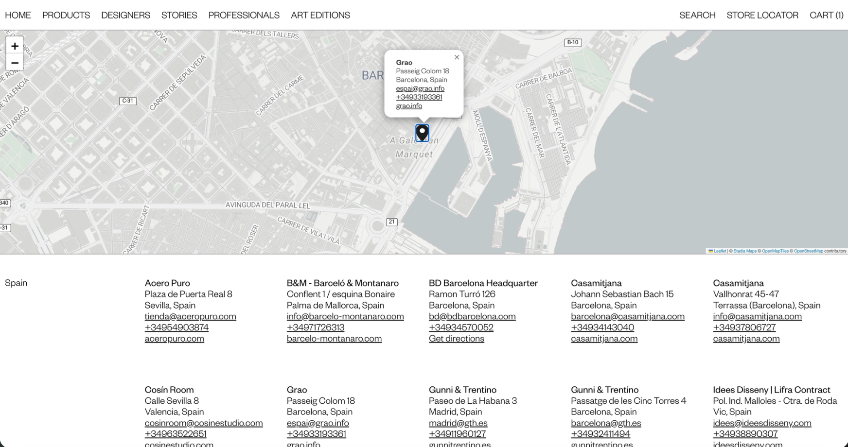 Store locator map of Barcelona with a list of dealers below
