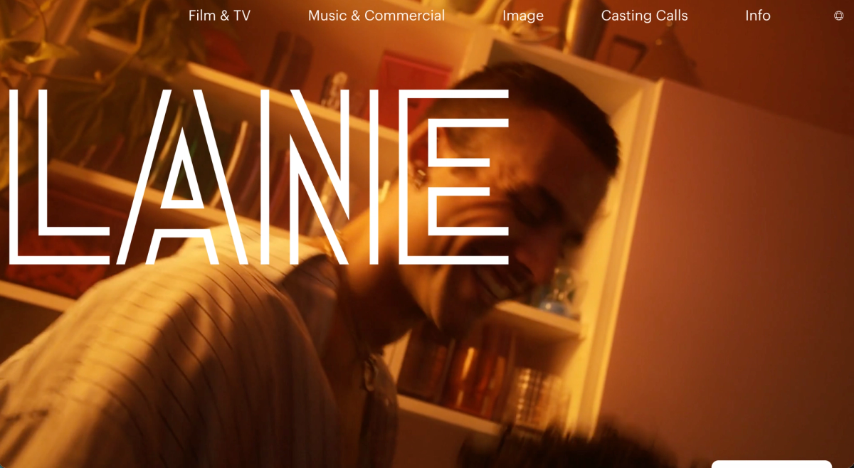 Lane Casting home page: the word LANE outlined over a warm photograph of a man laughing