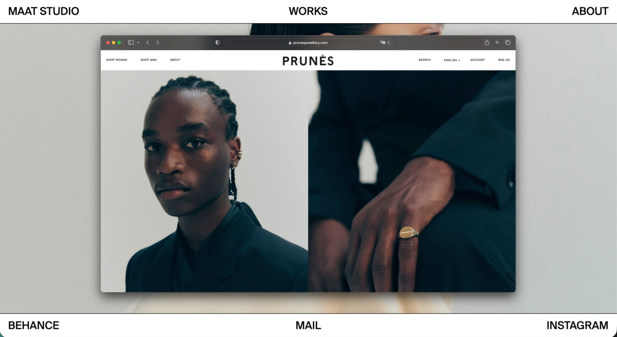 Maat Studio home page: a browser window showing the Prunés site with a portrait of a model
