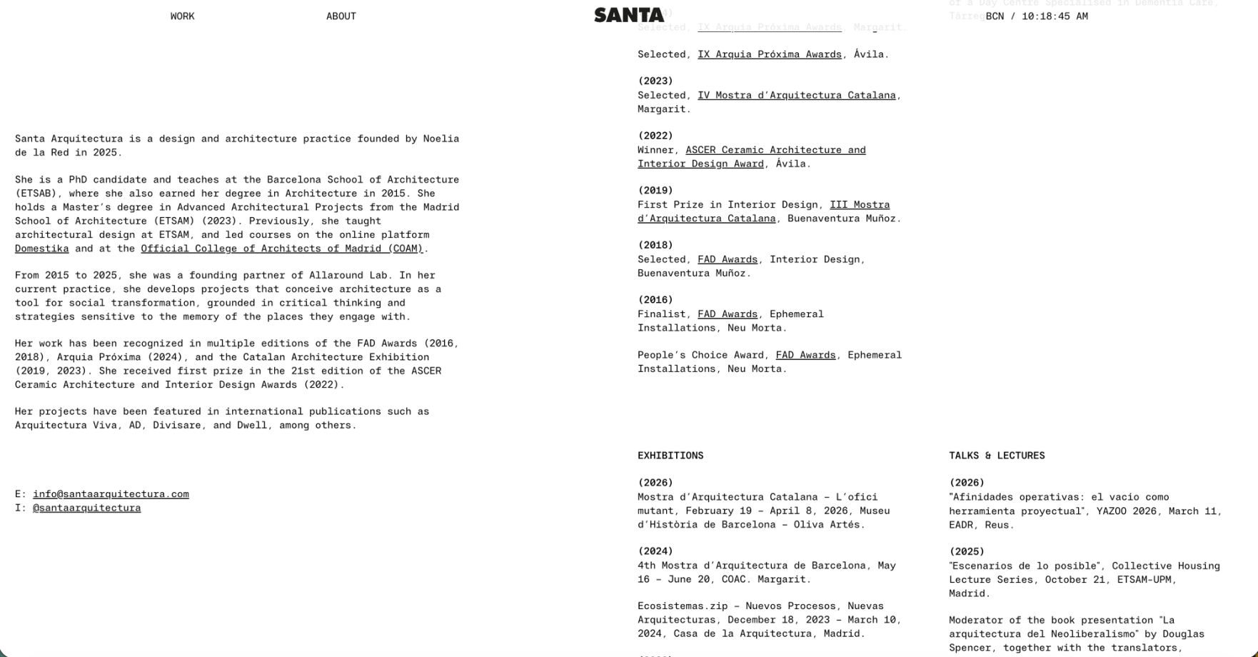 About page: studio text on the left, awards and competitions listed by year on the right