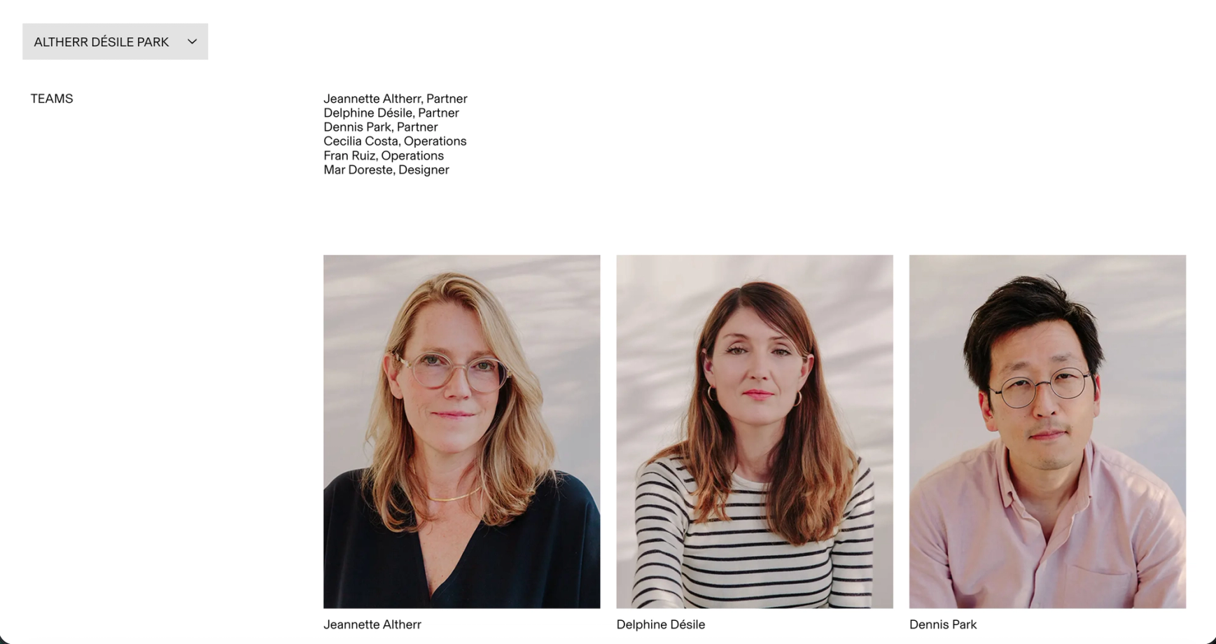 About page with portraits of Jeannette Altherr, Delphine Désile and Dennis Park