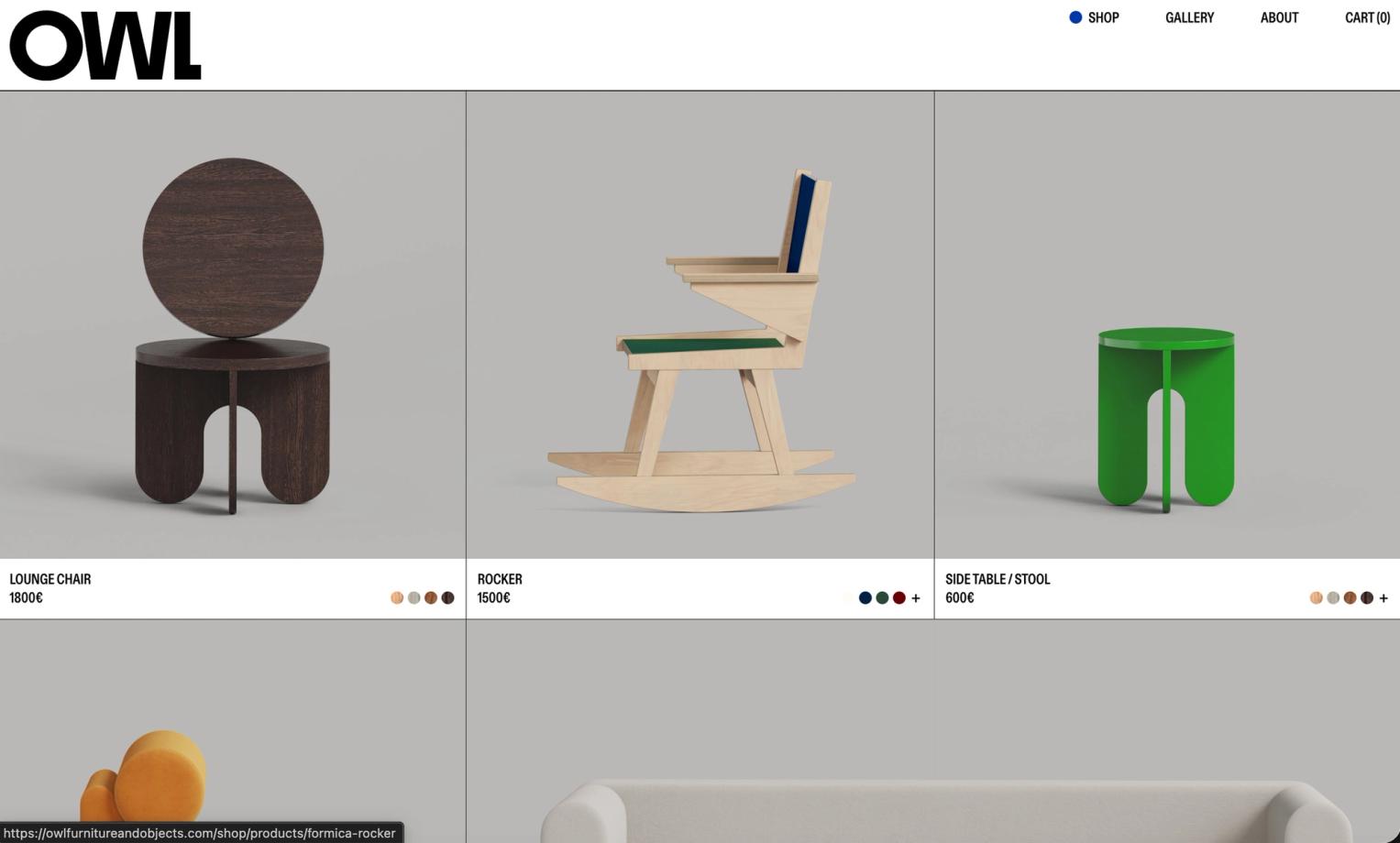 OWL shop grid with a lounge chair, a rocker and a green side table